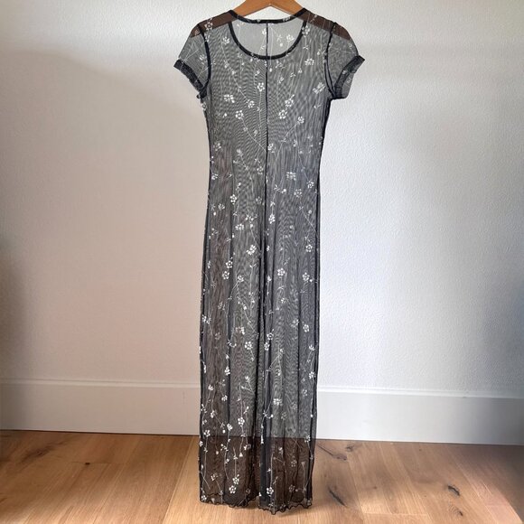 Sheer Floral Mesh Maxi Dress – Black White Overlay – XS/S – Y2K Grunge Layering - Picture 8 of 11